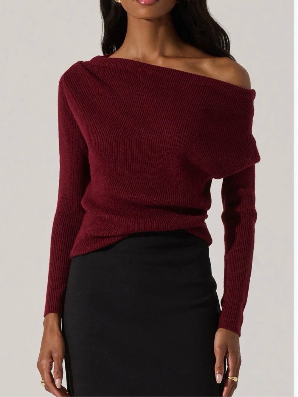 Astr Off-Shoulder Wine Red Knit Sweater